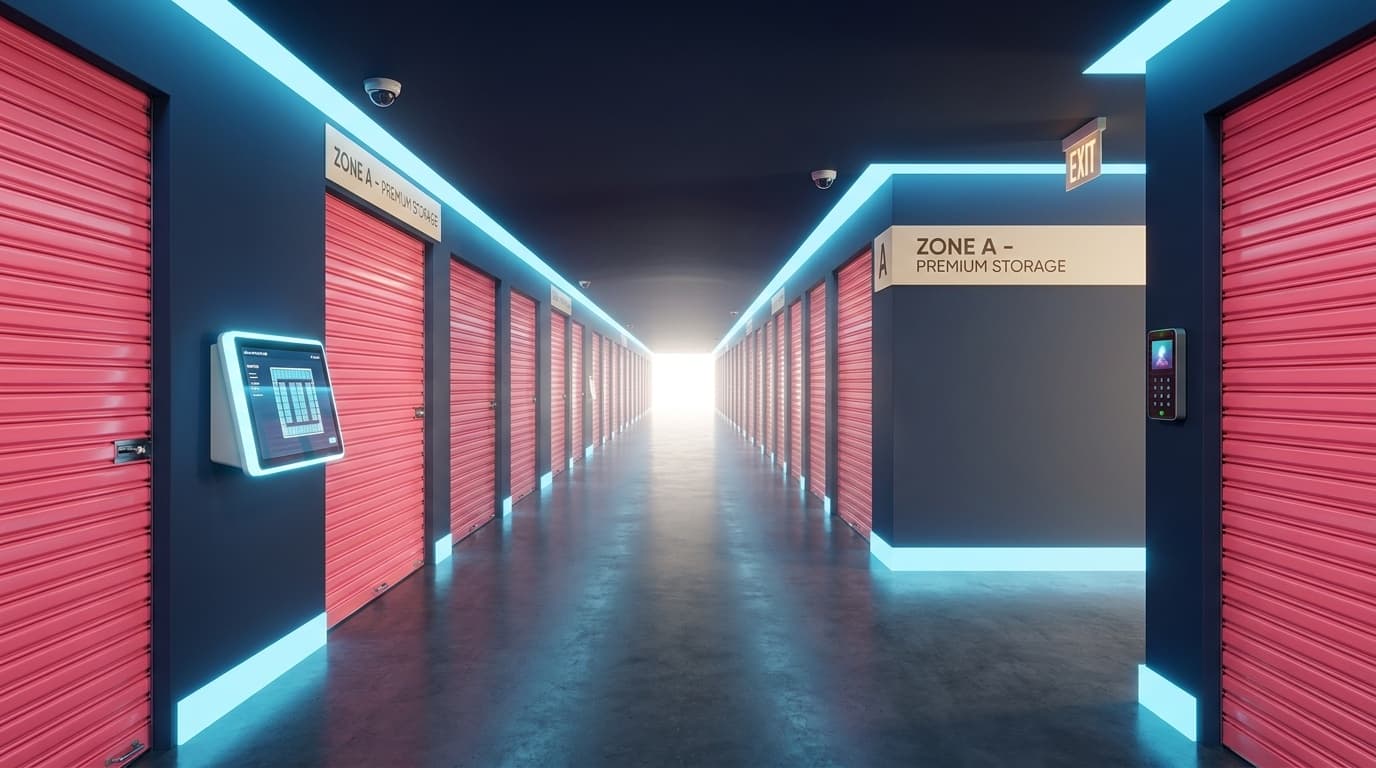 Inside a Boxroom store — pink unit doors under neon-lit night-blue corridors